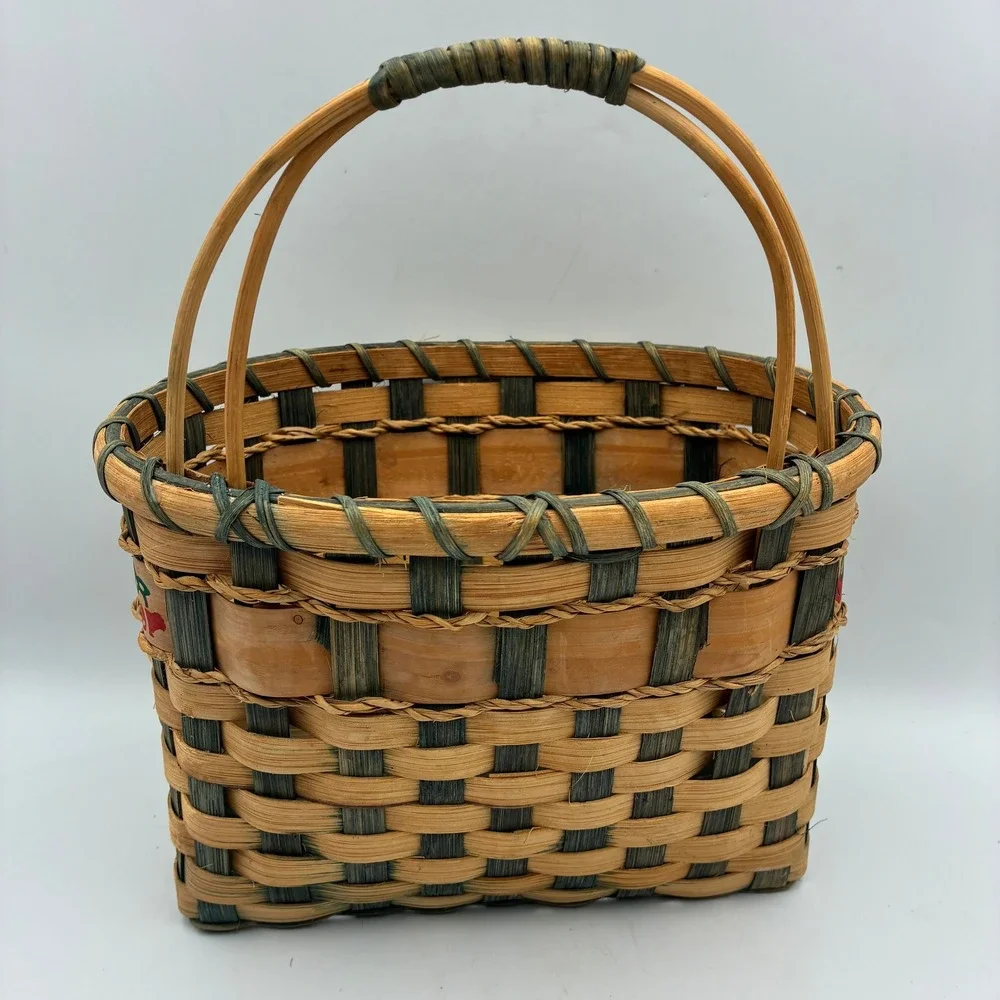Handcrafted Woven Wood Cherry‎ Print Basket Dual Handle Farmhouse Storage 10x7x6